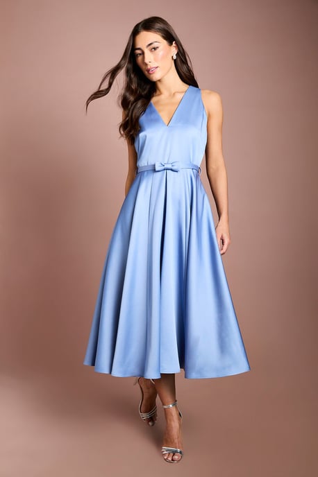 Bow Trim V Neck Volume Skirt Midi Dress - Image 1