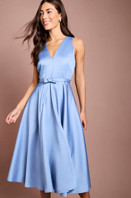 Bow Trim V Neck Volume Skirt Midi Dress - Image 4
