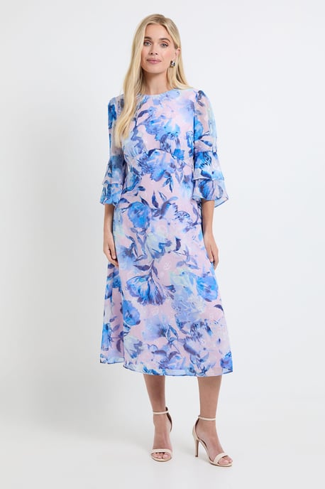 Petite Floral Burn Out Ruffle Sleeve Midi Dress - Image 1