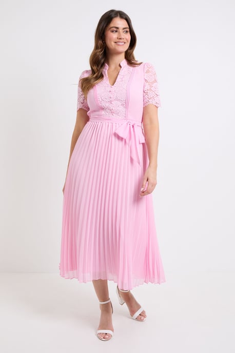 Lace Collarless Pleated Midi Dress - Image 1