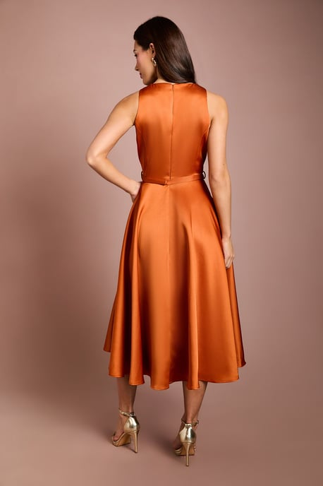 Bow Trim V Neck Volume Skirt Midi Dress - Image 3