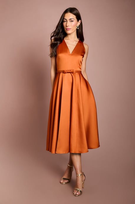 Bow Trim V Neck Volume Skirt Midi Dress - Image 4