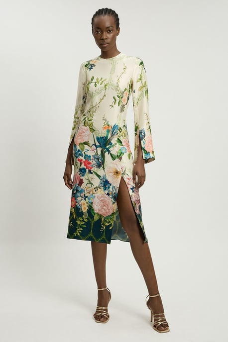 Floral Print Viscose Satin Crepe Woven Midi Dress - Image 1