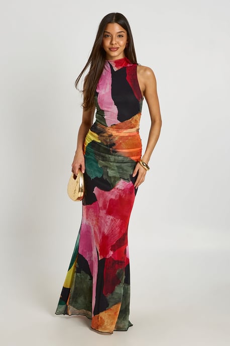 Bright Floral Ruched Bodice Open Back Maxi Dress - Image 1