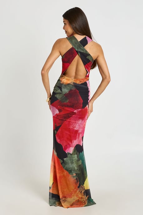Bright Floral Ruched Bodice Open Back Maxi Dress - Image 2