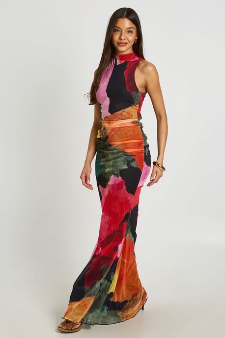 Bright Floral Ruched Bodice Open Back Maxi Dress - Image 3