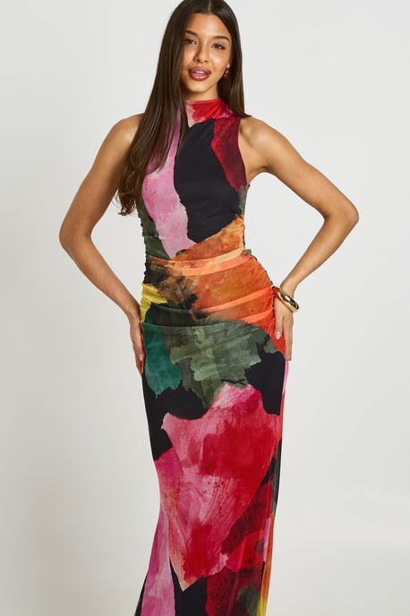 Bright Floral Ruched Bodice Open Back Maxi Dress - Image 4