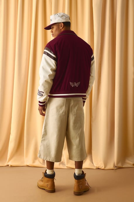 Regular Fit Cord Applique PU Sleeve Varsity Jacket - Image 2