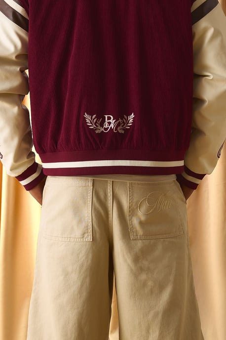 Regular Fit Cord Applique PU Sleeve Varsity Jacket - Image 3