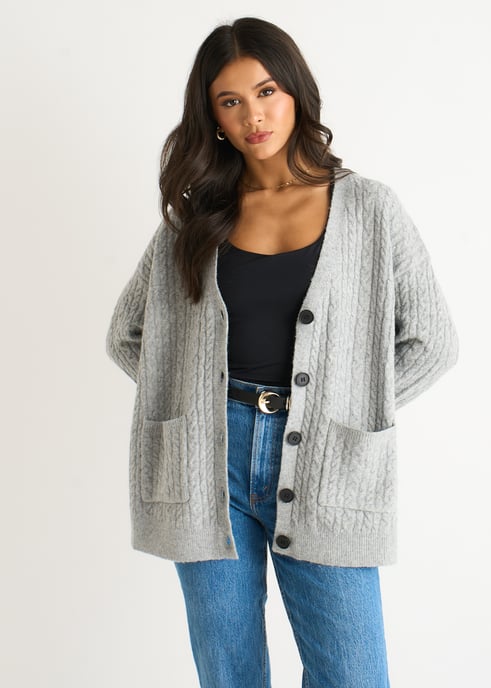 Grey Cable Patch Pocket Knitted Cardigan - Image 1