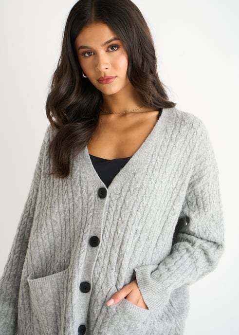 Grey Cable Patch Pocket Knitted Cardigan - Image 2