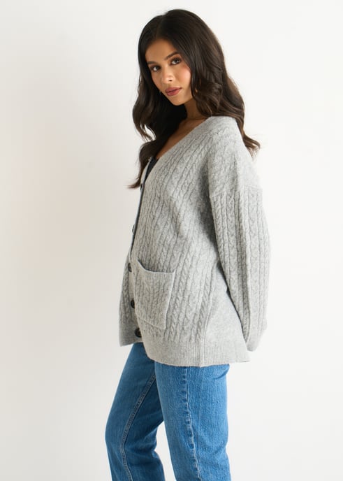 Grey Cable Patch Pocket Knitted Cardigan - Image 3