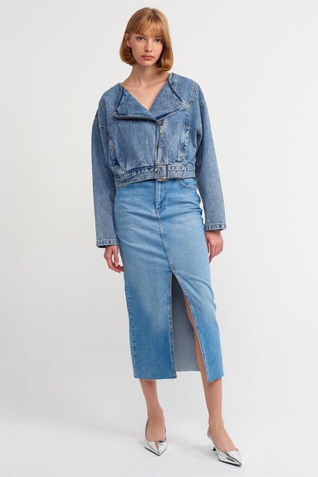 Damkort bälte denim bikerjacka - Image 3