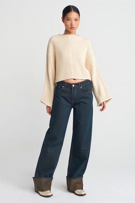 Mid Waist Wide Leg Cotton Denim Jeans - Image 1