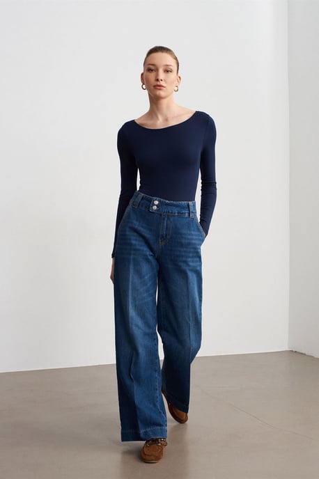 Hög midja vida ben bomull denim jeans - Image 4