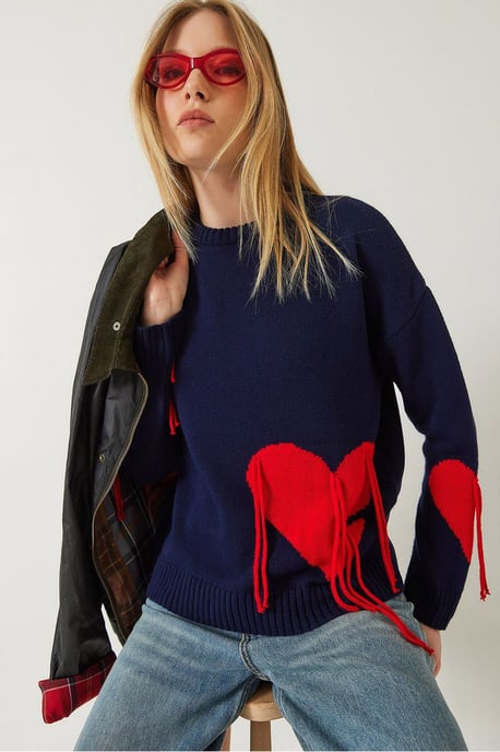 Frilly Heart Pattern Crew Neck Sweater - Image 1