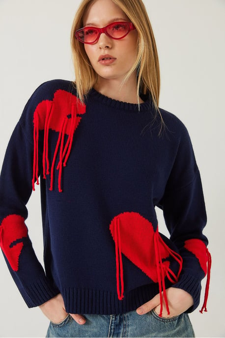 Frilly Heart Pattern Crew Neck Sweater - Image 4