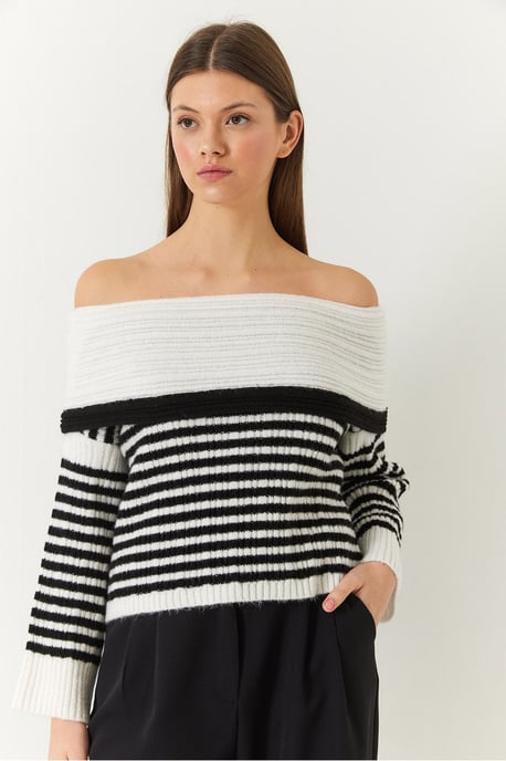 Randig Off-Shoulder Stickad Tröja - Image 2