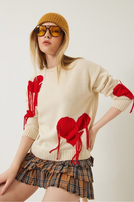 Frilly Heart Pattern Crew Neck Sweater - Image 2