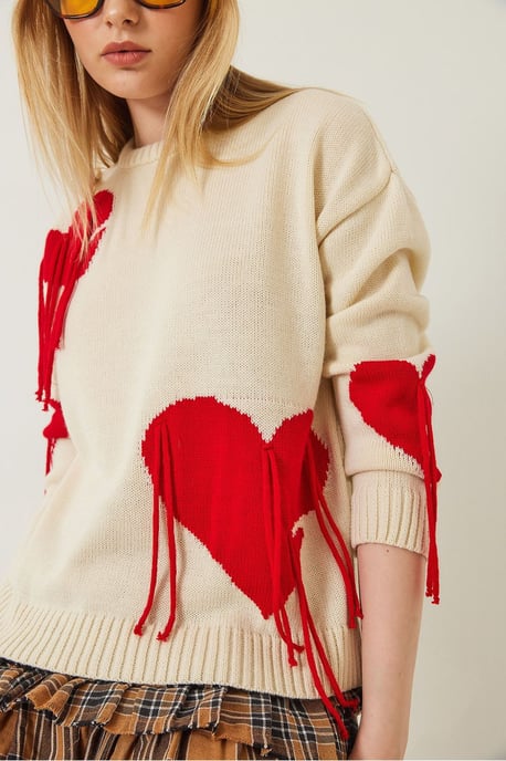 Frilly Heart Pattern Crew Neck Sweater - Image 3