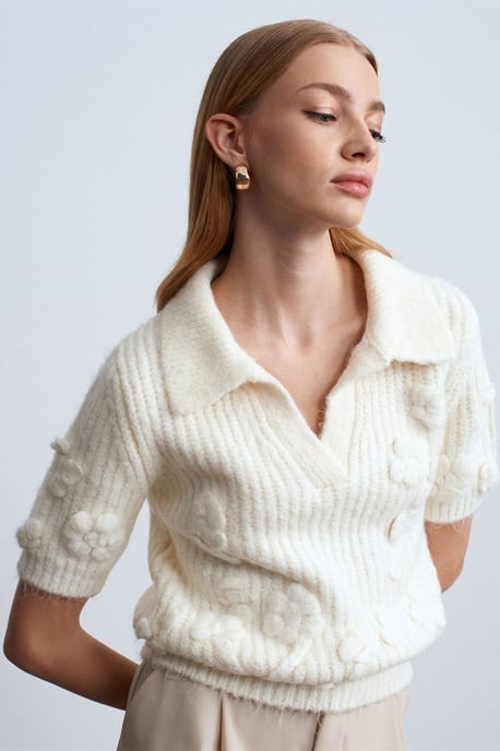 Textured Ribbed Polo-collar Sweater - Image 2
