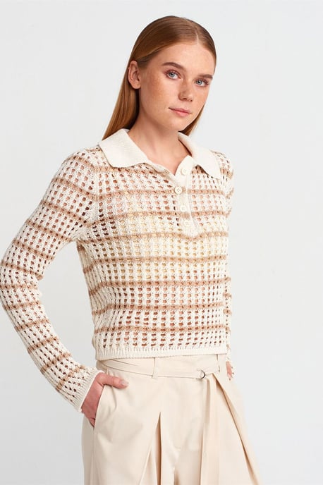 Striped Polo Collar Button Knit Sweater - Image 1