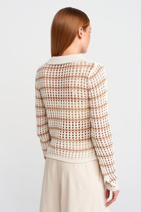 Striped Polo Collar Button Knit Sweater - Image 2