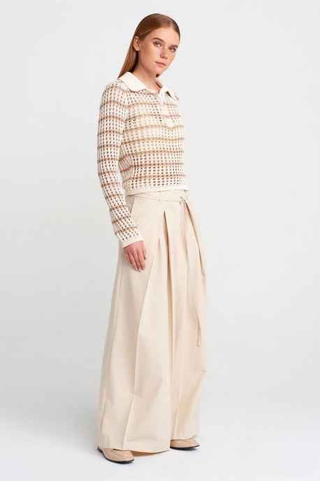 Striped Polo Collar Button Knit Sweater - Image 3
