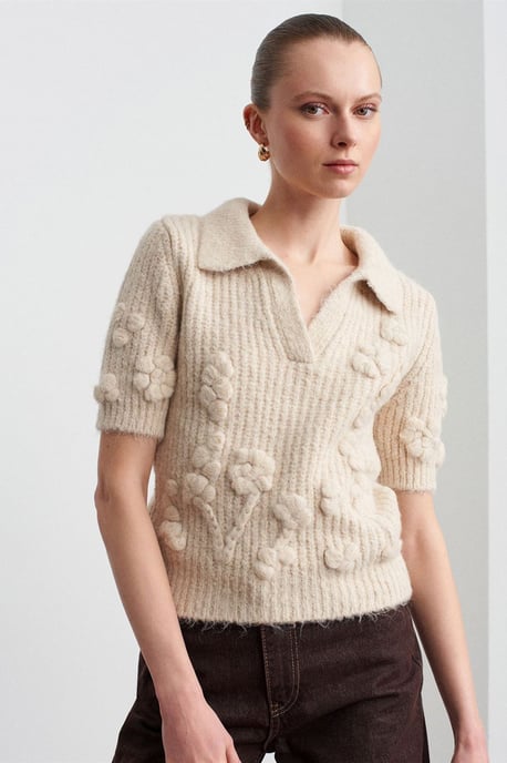 Textured Ribbed Polo-collar Sweater - Image 2