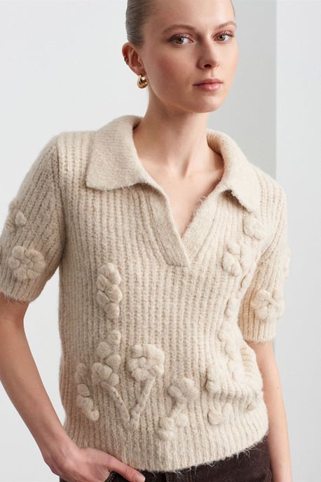 Textured Ribbed Polo-collar Sweater - Image 3