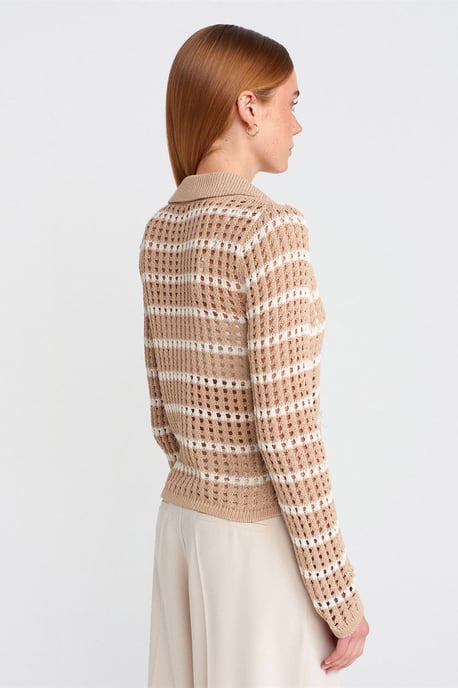 Striped Polo Collar Button Knit Sweater - Image 2