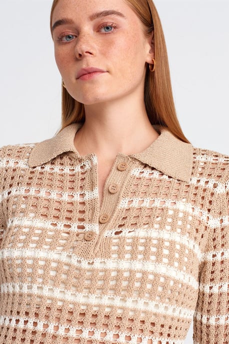 Striped Polo Collar Button Knit Sweater - Image 4