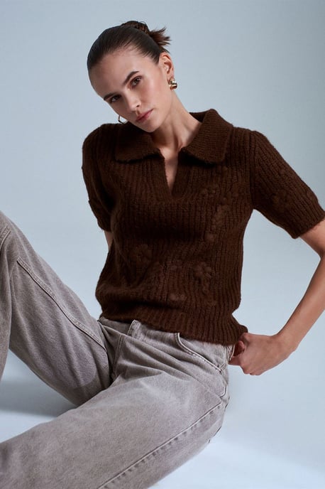Textured Ribbed Polo-collar Sweater - Image 1