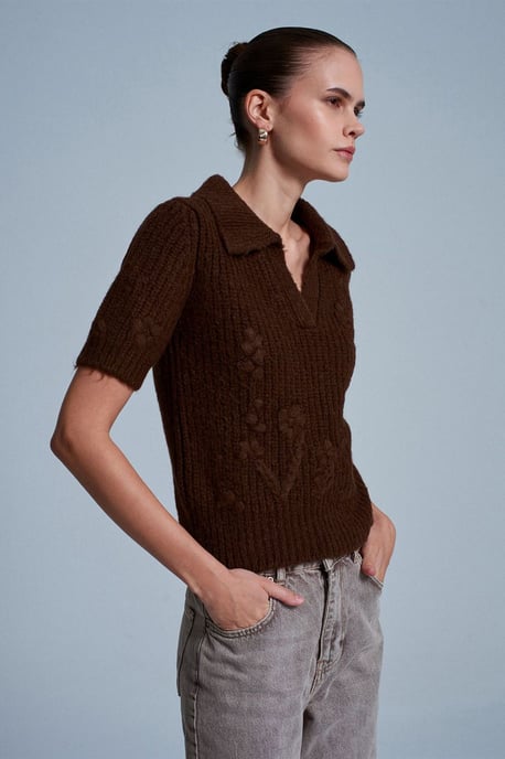 Textured Ribbed Polo-collar Sweater - Image 2