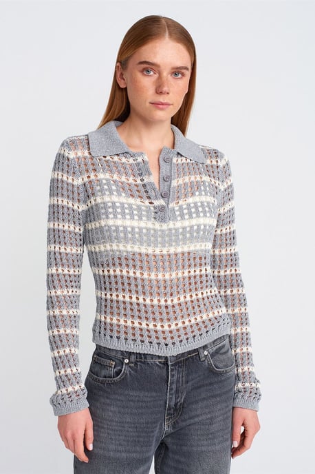 Striped Polo Collar Button Knit Sweater - Image 1