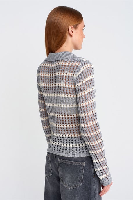 Striped Polo Collar Button Knit Sweater - Image 2