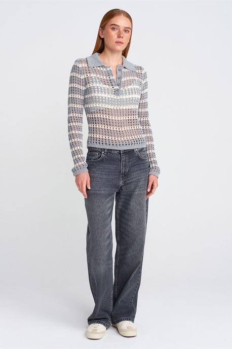 Striped Polo Collar Button Knit Sweater - Image 3