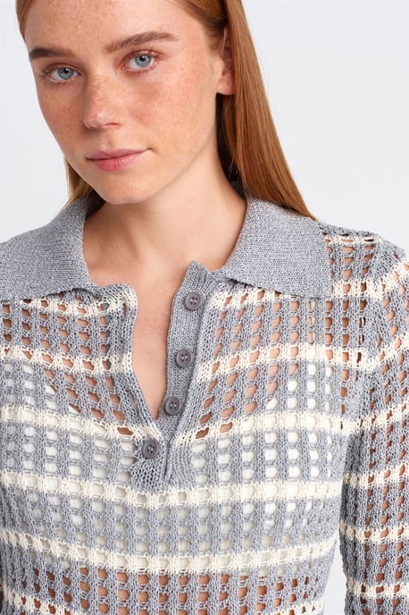 Striped Polo Collar Button Knit Sweater - Image 4