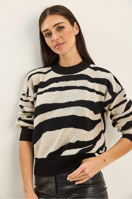 Tjockstickad zebra-mönstrad rundhalsad tröja - Image 3