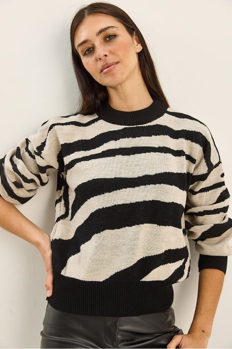 Tjockstickad zebra-mönstrad rundhalsad tröja - Image 4