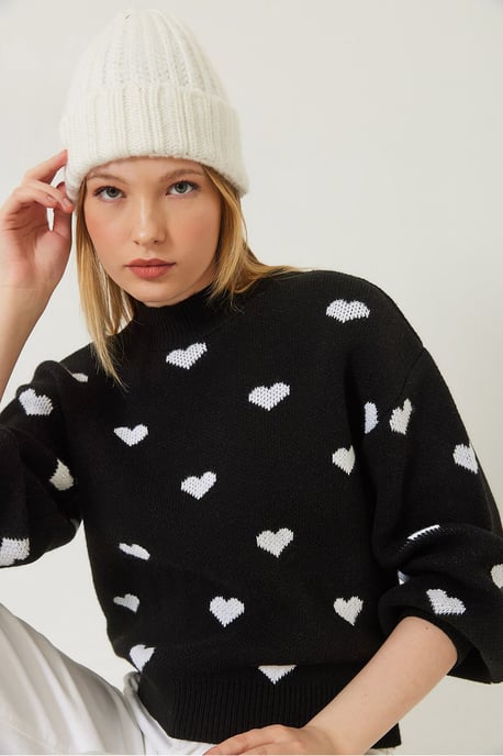 Hjärtmönstrad Crew Neck Avslappnad Passform Tröja - Image 1