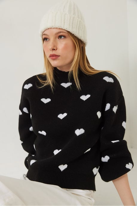 Hjärtmönstrad Crew Neck Avslappnad Passform Tröja - Image 2