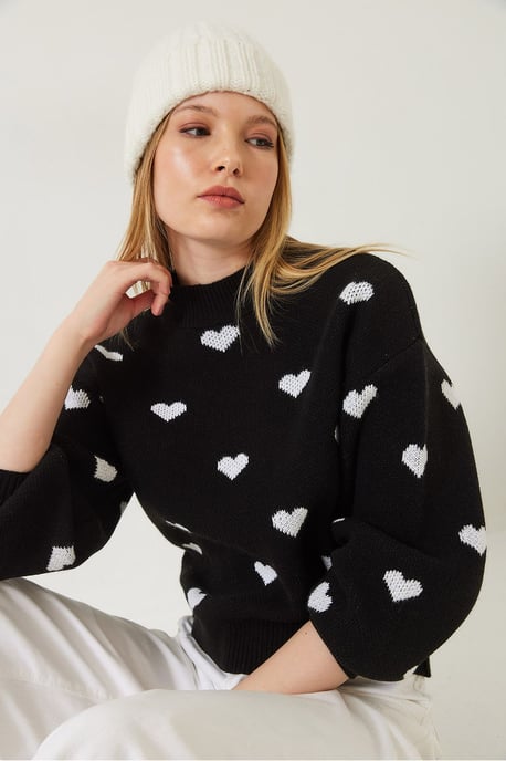 Hjärtmönstrad Crew Neck Avslappnad Passform Tröja - Image 3