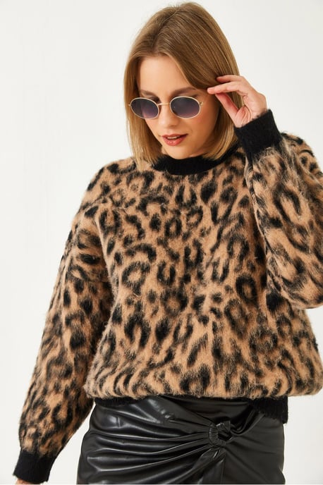 Leopardmönstrad stickad tröja med rund hals - Image 1