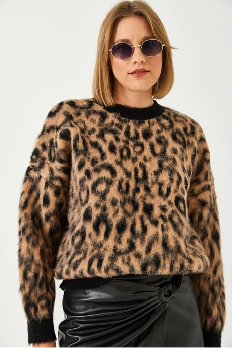 Leopardmönstrad stickad tröja med rund hals - Image 2