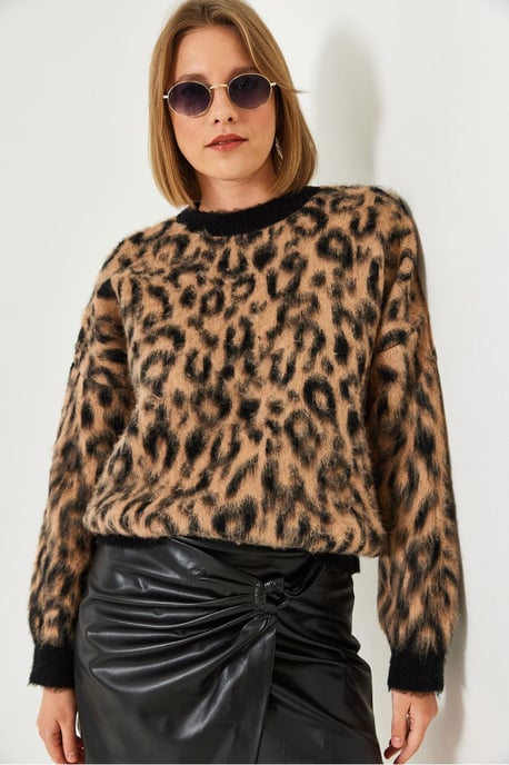 Leopardmönstrad stickad tröja med rund hals - Image 3