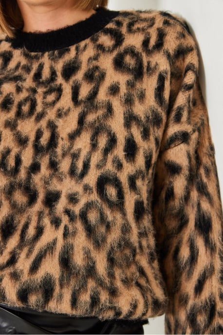 Leopardmönstrad stickad tröja med rund hals - Image 4