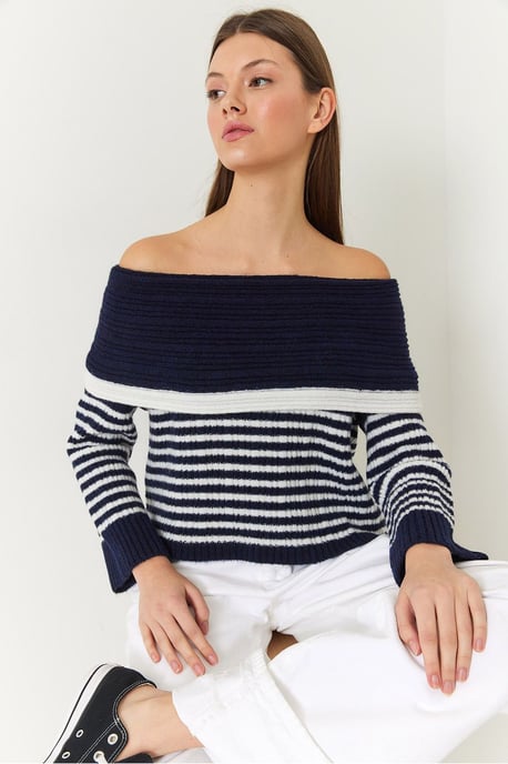 Randig Off-Shoulder Stickad Tröja - Image 2