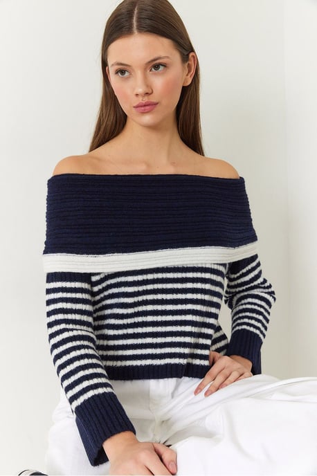 Randig Off-Shoulder Stickad Tröja - Image 3