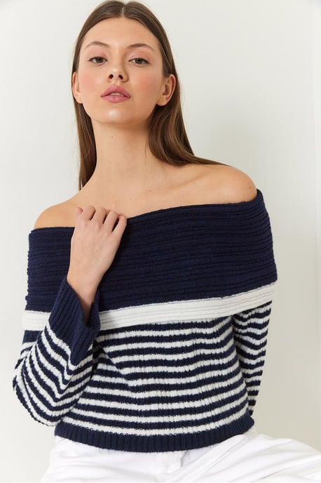 Randig Off-Shoulder Stickad Tröja - Image 4